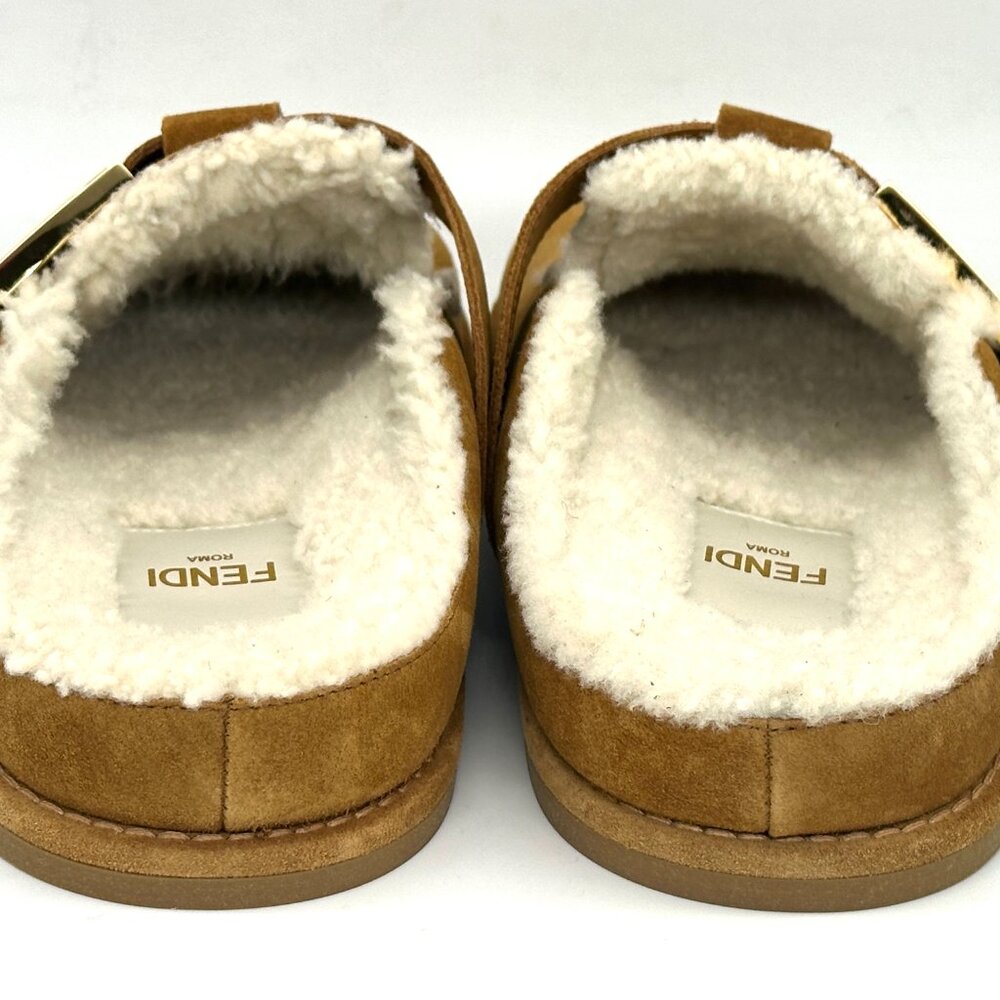 FENDI Feel FF Shearling Buckled Sabots Mules Slides Flat Clog Sandals - Picture 11 of 15